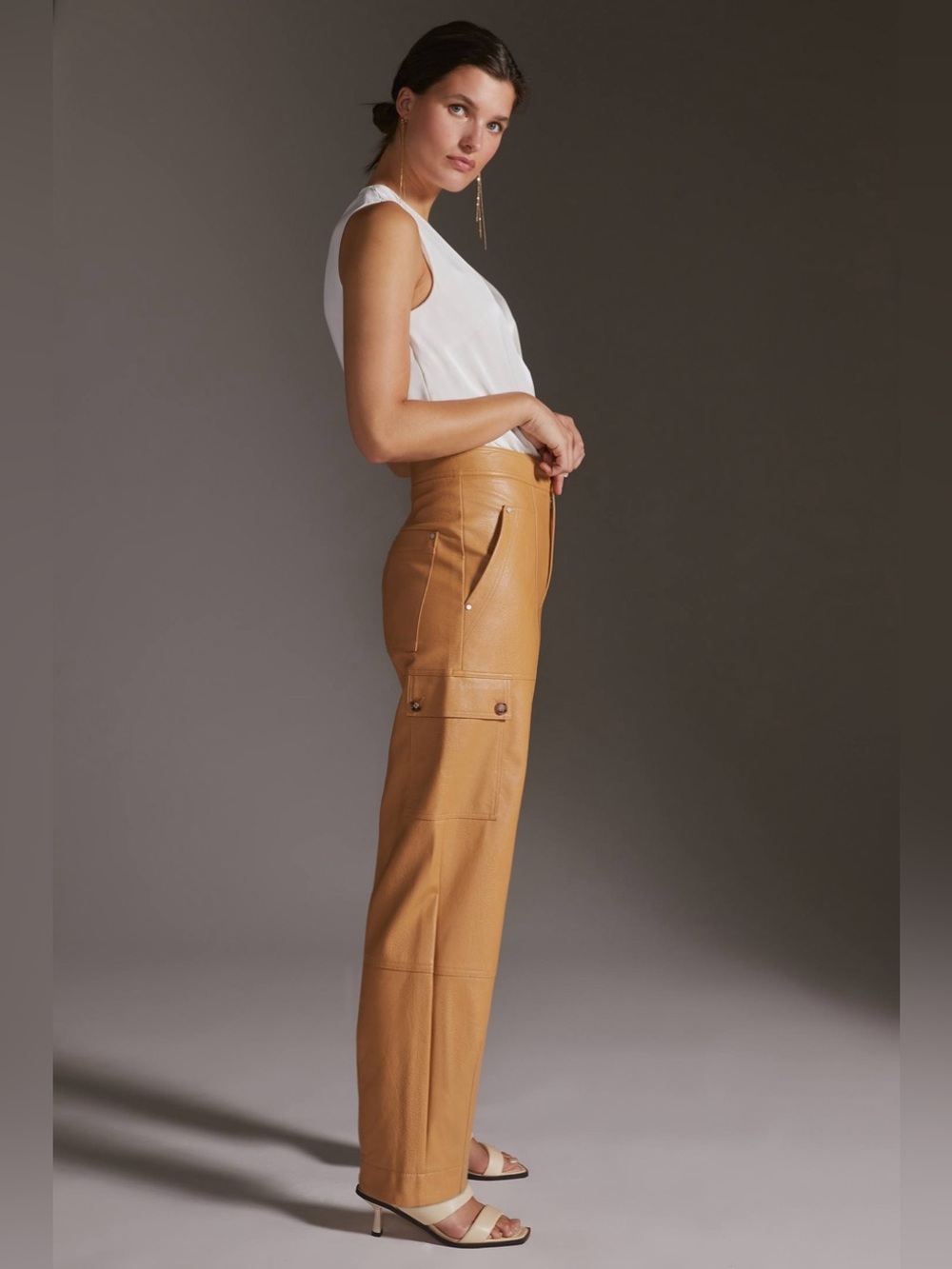 By Anthropologie Faux Leather Utility Cargo Pants Size 4 in Light Sand